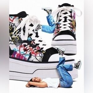 D’Amelio High Top Platform Retro Sneakers Sz 8 Black Graffiti Eyekonn Y2K Shoes